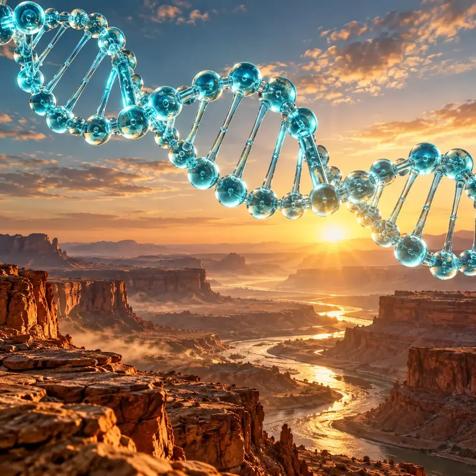 祖先回溯之旅：你的 DNA 里住着谁？原创概念插画