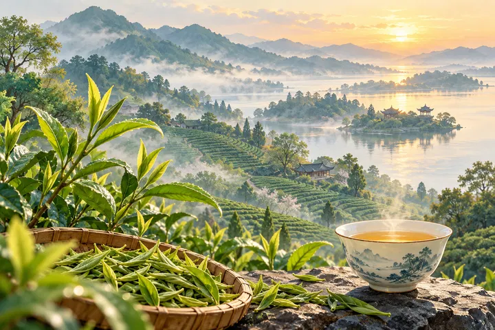 西湖山水、茶园嫩梢与茶杯相连的概念插画